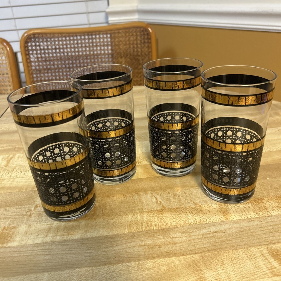 Black cane rattan highball glasses with gold trim are peak 1960s tiki-lounge cool — visually striking and surprisingly hard to find as a complete set.
