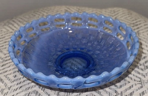 Antique c. 1911 Fenton Blue Opalescent Basket Weave Open Lace Edge Candy Dish