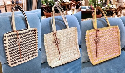 Tory Burch Straw Tote Shoulder Bag Purse 165844 Black Raffia Latte