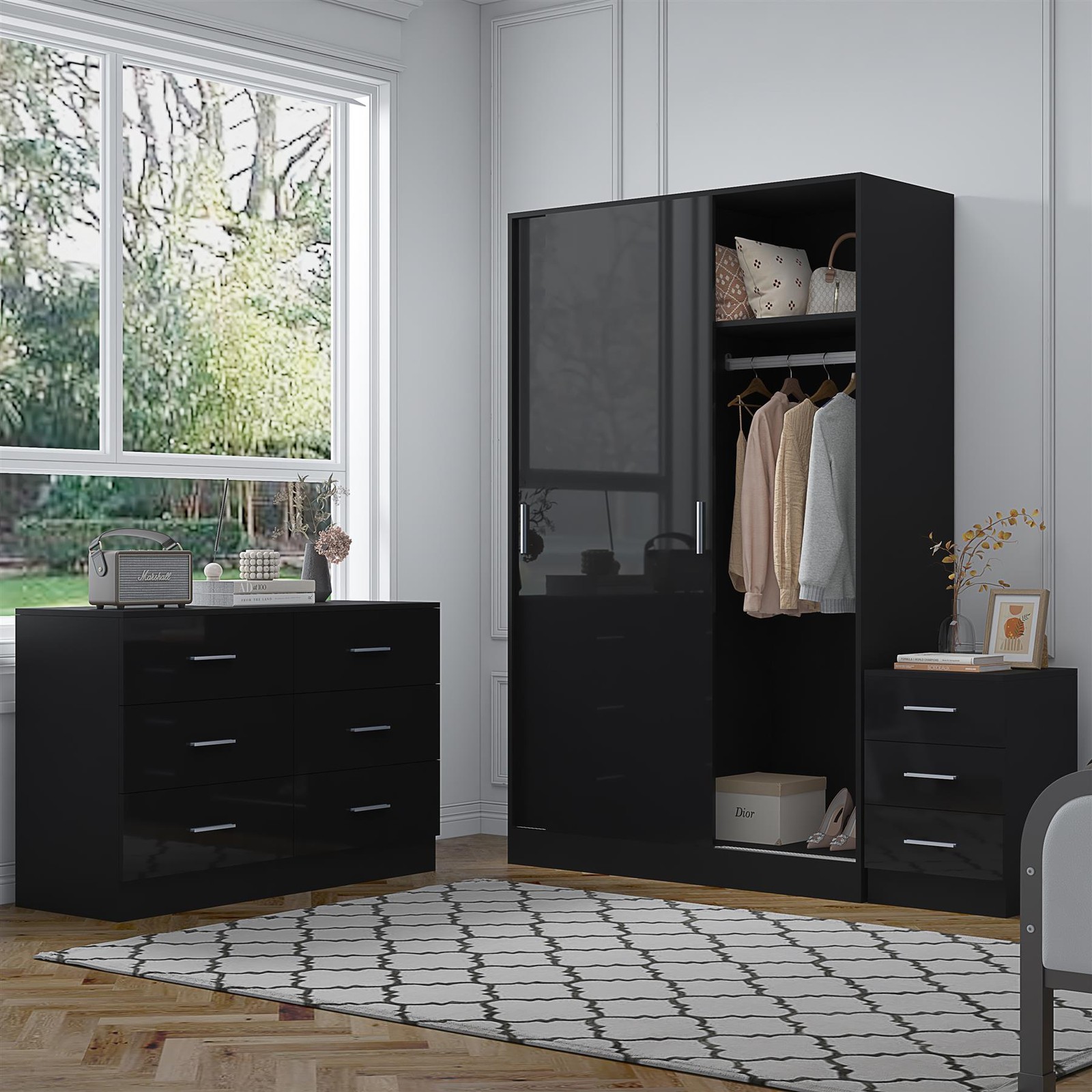 REFLECT Bundle - Sliding Wardrobe + Wide Chest + Bedside - Black/Black
