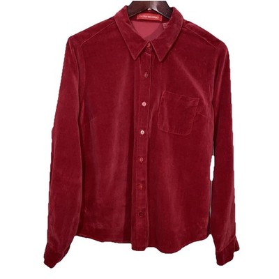 Gloria Vanderbilt Vintage Button Down Red Top Blouse Large Brushed Cotton Velour