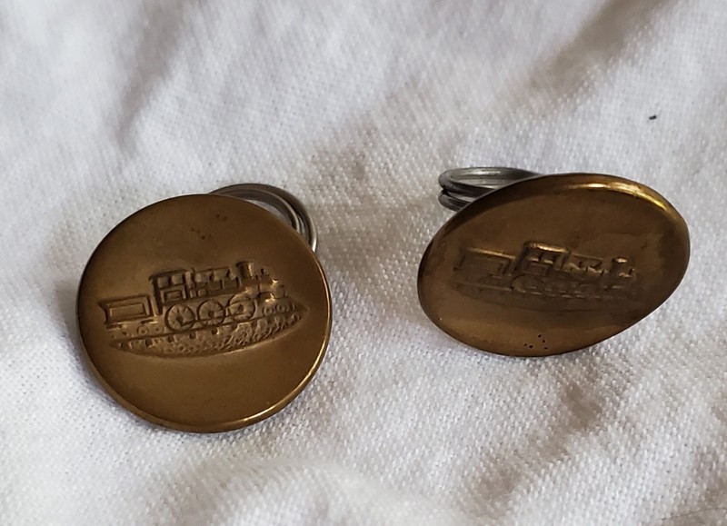Brass uniform button, vintage railroad steam locomotive design