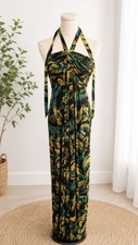 Tahari Arthur S Levine Halter Maxi Dress Tropical Print Ruched Size 10