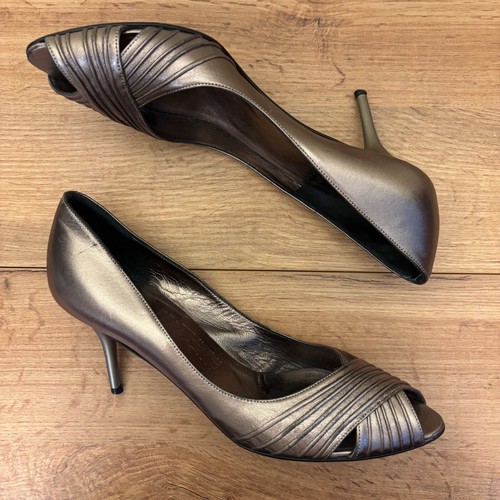 SALVATORE FERRAGAMO Size 8 Silver Gray Italian Peep Toe Heels Metallic Pumps - Picture 11 of 14