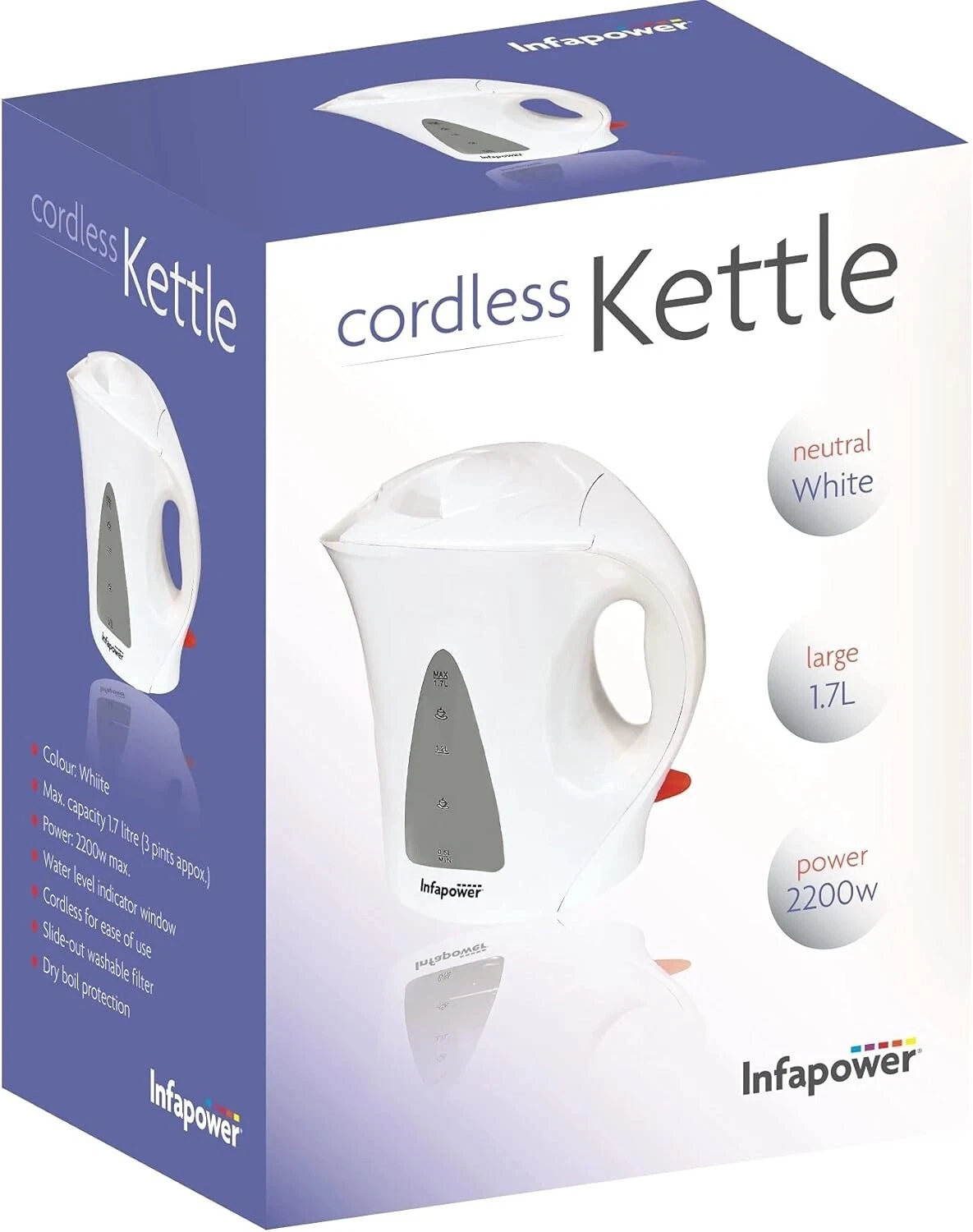 Infapower 2200W Cordless Electric Kettle 1.7L White – Dry Boil Protection X501