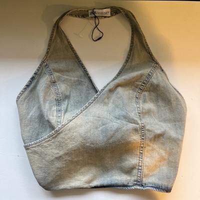 Zara Women's Denim Wrap Halter Style Acid Wash Back Tie Crop Top Sz Medium NWOT