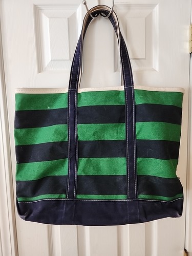 L.L. Bean Vintage 80s Boat & Tote Bag Navy Blue & Green Stripes Made USA Large