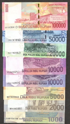 FullSet 8 Pcs Indonesia 1000 2000 5000 10000 20000 50000 100000 Rupiah MixYr UNC - Picture 2 of 6