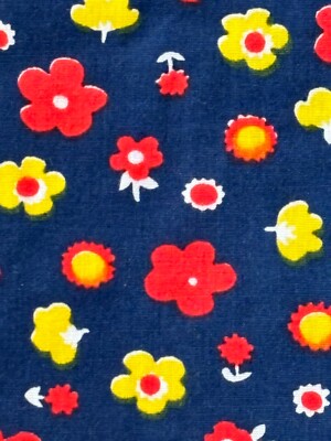 vtg 70s Cotton Blend Fabric Navy Blue w/ MOD red Yellow Flowers 44 x3.25yds