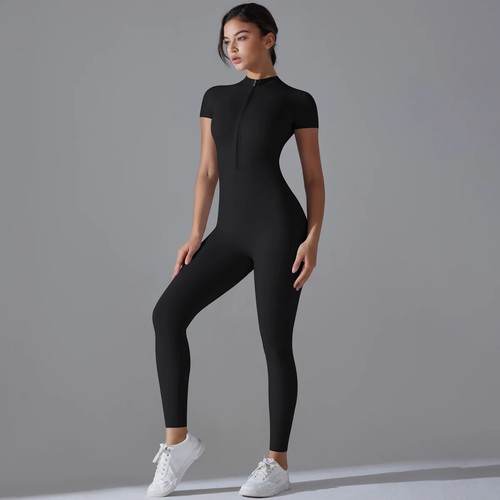 Yoga Set Women's Jumpsuits One-Piece Suit Zipper Short Sleeve Gym Push Up - Picture 13 of 51