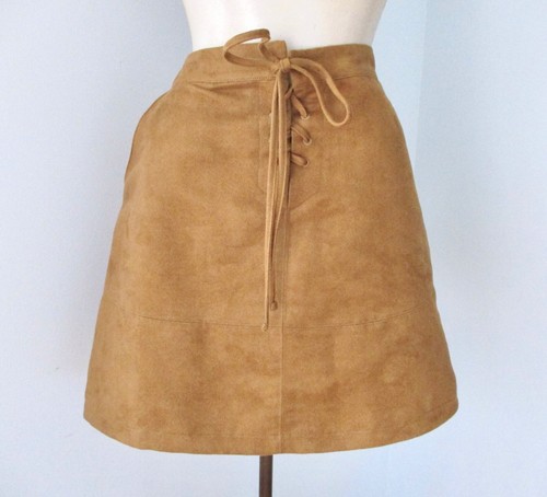 NWT LC Lauren Conrad Camel Brown Faux Suede A-Line Skirt Hand Pockets Lace Up 12 - Picture 1 of 7