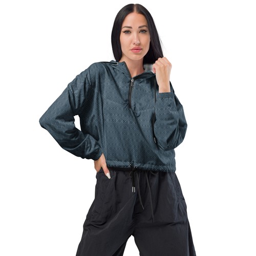 Stylish Teal Cropped Windbreaker Jacket with Geometric Pattern & Hood - Picture 2 of 26