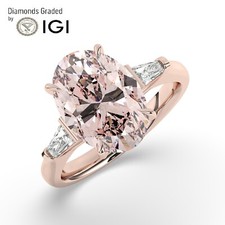 Oval Solitaire 18K Rose Gold Vivid Pink Trilogy Ring, 4.50 ct, Labgrown IGI