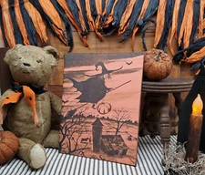 VINTAGE RETRO VICTORIAN PRIMITIVE STYLE HALLOWEEN WITCH FLY OVER FARM FIELD SIGN