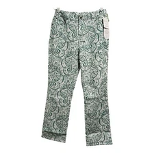 DG2 Diane Gilman Sz 12 Green Paisley Print Stretch Denim Stretch Pants NWT