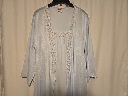 Set camicia da notte vintage anni 70 blu nylon e pizzo Peignoir di Dreamy Nights M - Foto 2 di 5