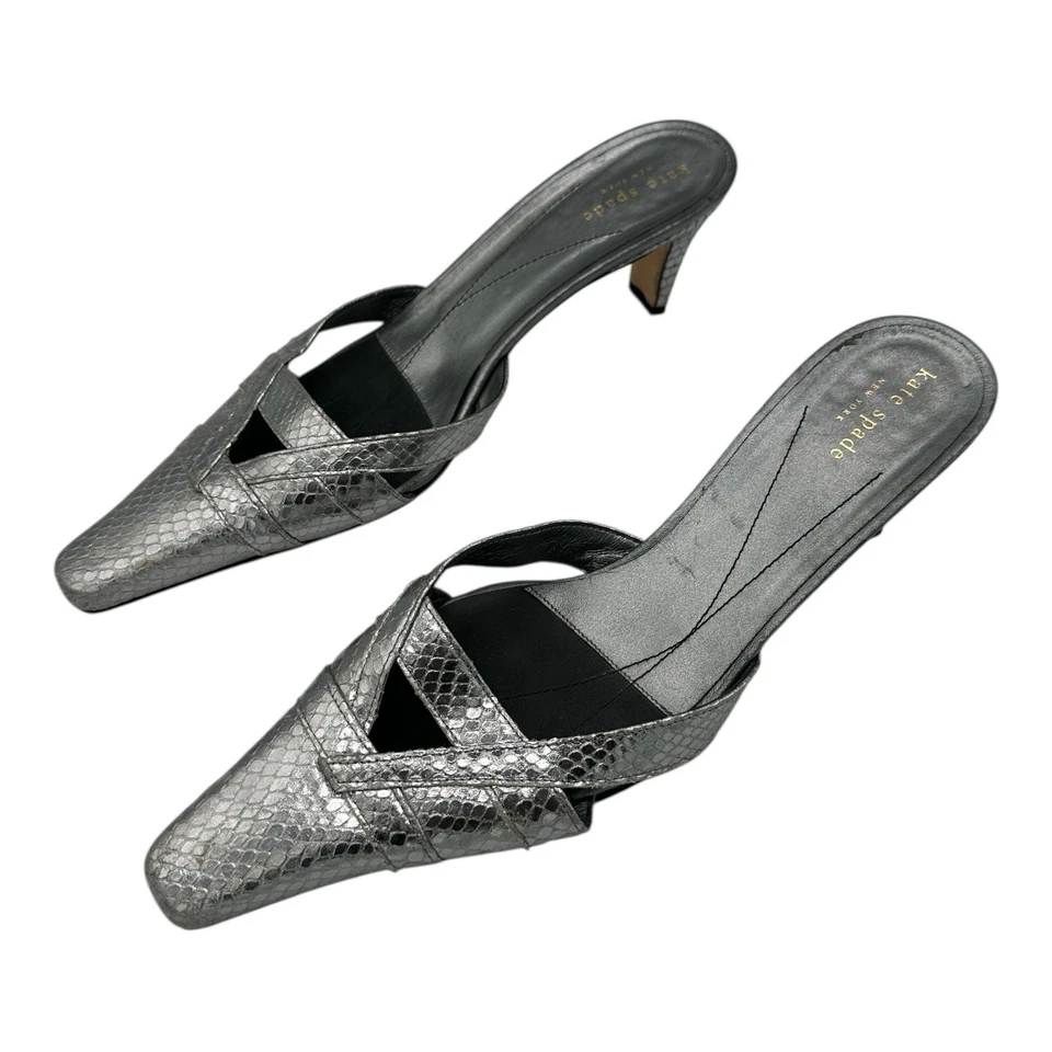 Kate Spade New York Silver Metallic Snakeskin Pointed Toe Mules Heels Size 10 - Image 4 of 4