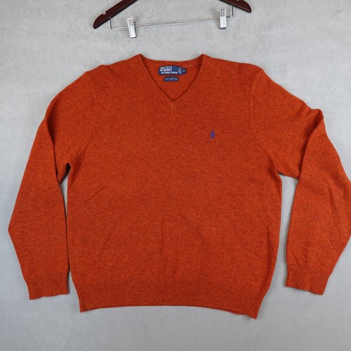 Polo Ralph Lauren Pullover Herren XL 100% Lammwolle V-Ausschnitt Pony meliert orange
