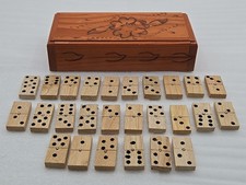 Vintage Dominos Set of 26 Wood Tiles In A Designed Wooden Box