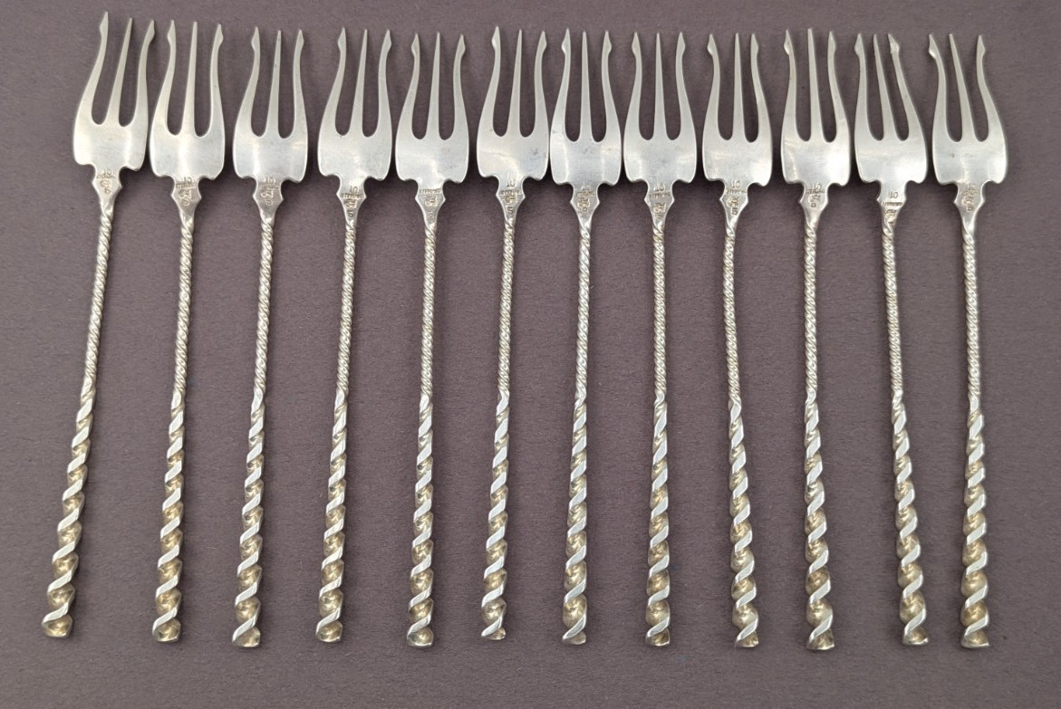 12 Square Twist by Whiting Sterling Silver Cocktail Fork Oyster Forks Set 5.5"