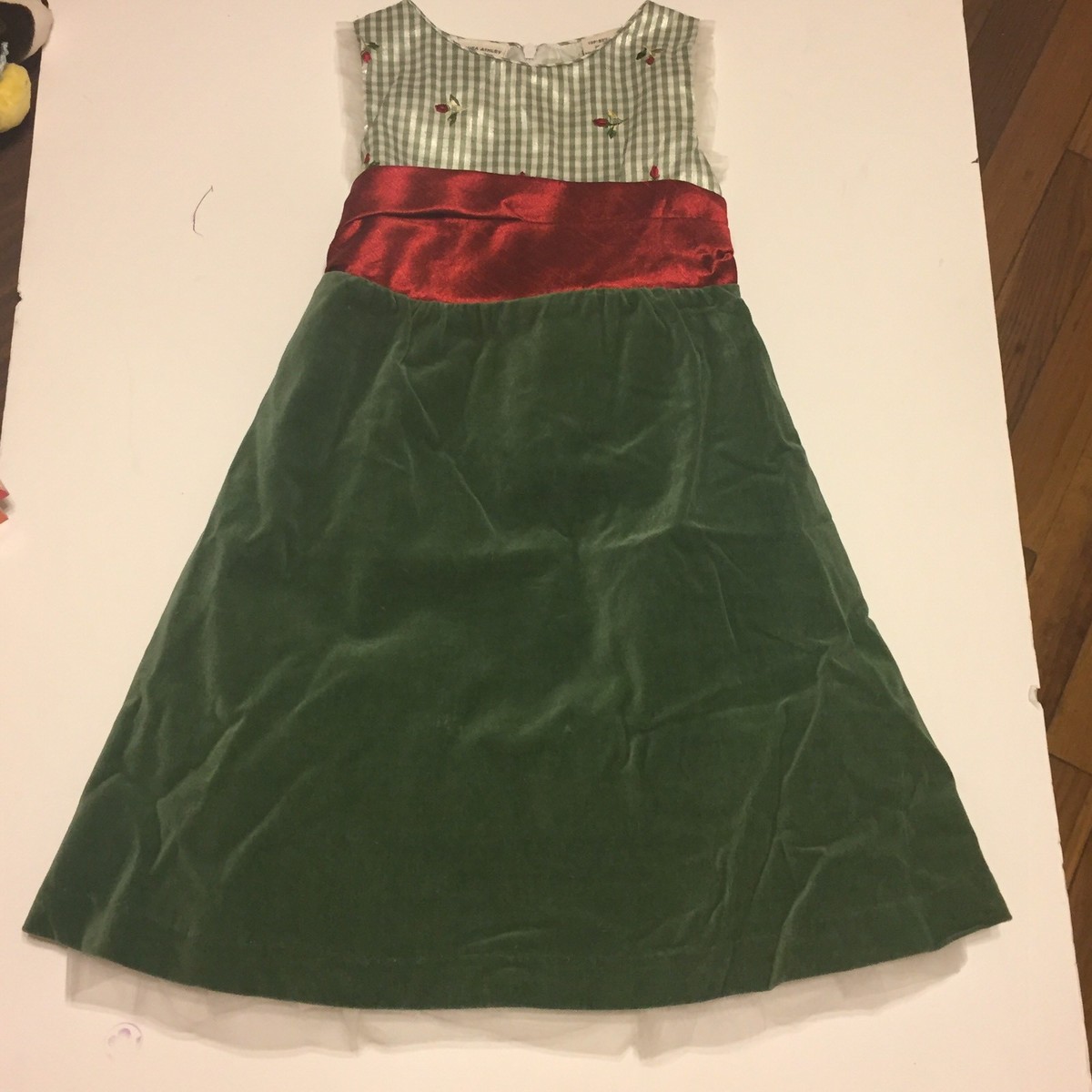 laura ashley dress 4t toddler green velvet red sash tulle holiday lined