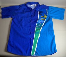 Vintage Rare GOTTEX Hawaiian Shirt Blue Beach Tropical Scene Buttons Adult L