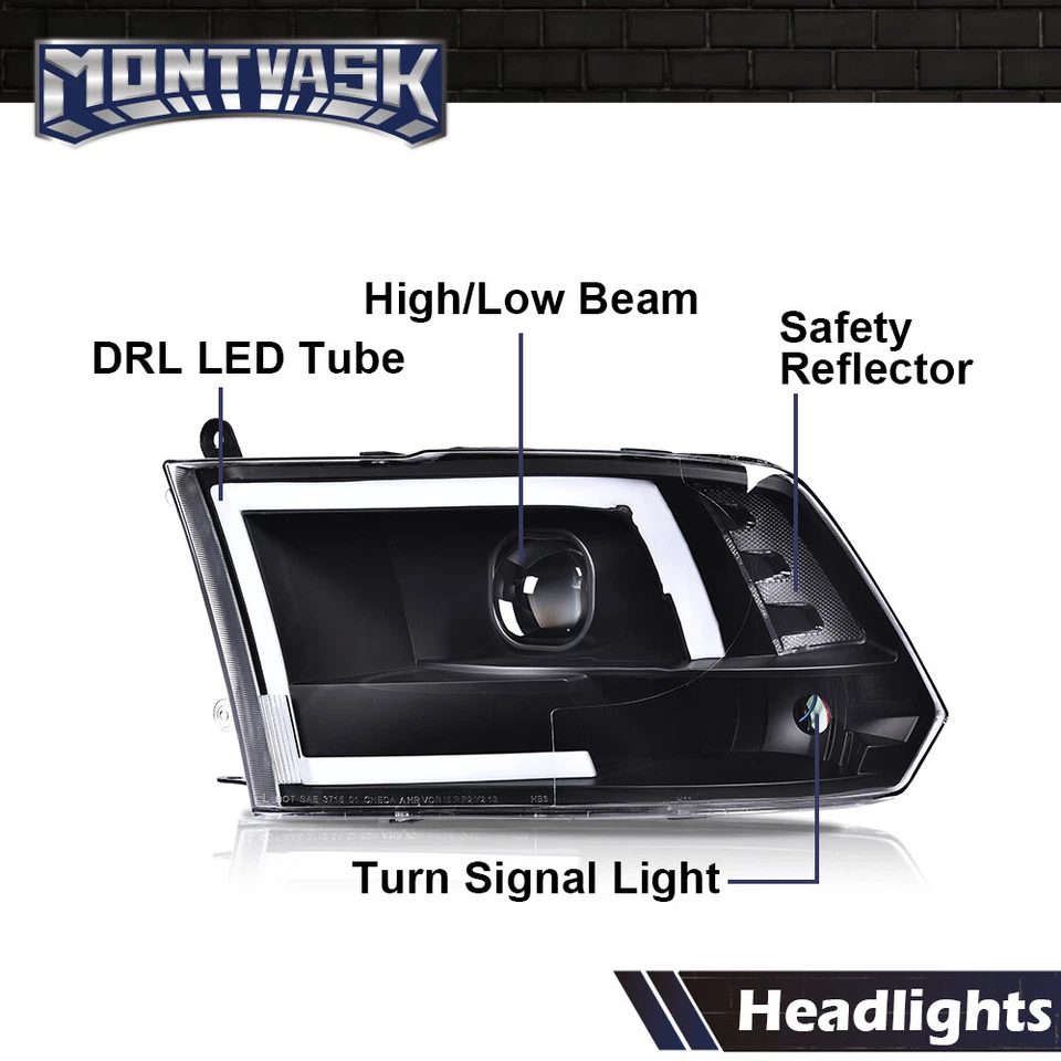 LED DRL Black Headlights Left+Right Fit For 2009-2018 Dodge Ram 1500 2500 3500 - Imagem 3 de 4