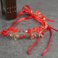 Mori Girl Headband Bridal Tiara Hair Band Garland with Ribbon Flower Faux Pearl