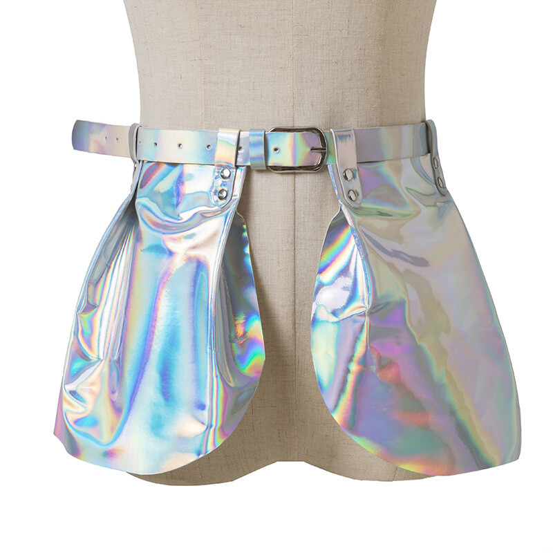 Faux Leather Wide Waist Belt Waistband Metallic Holographic Shiny
