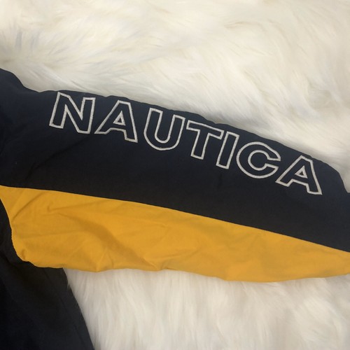 Nautica Vintage Big Boys Navy Blue & Yellow Nylon J Class Jacket Size 7X Hood - Picture 3 of 6