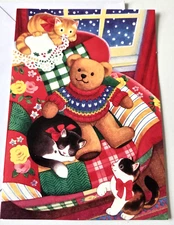 Christmas Card Teddy Bear on Chair with Kittens by Snowy Window