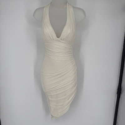 Oh Polly Ivory 2 Ruched Halter Mini Dress Plunge Asymmetrical Hem Sexy Bodycon