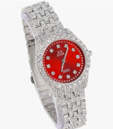 Techno Pave Women's 32mm Iced Out Silver Sleek Diamond Red Dial Watch - Picture 2 of 4