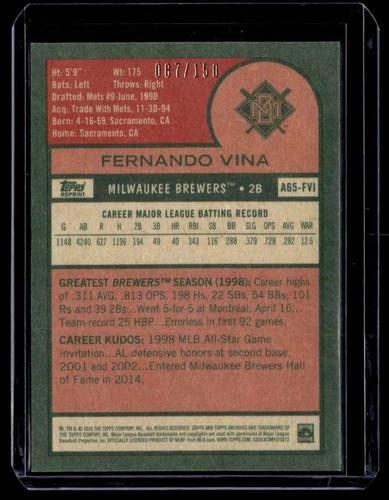 2016 Topps Archives 65th Anniversary Edition Green Back Fernando Vina 087/150 - Picture 2 of 2