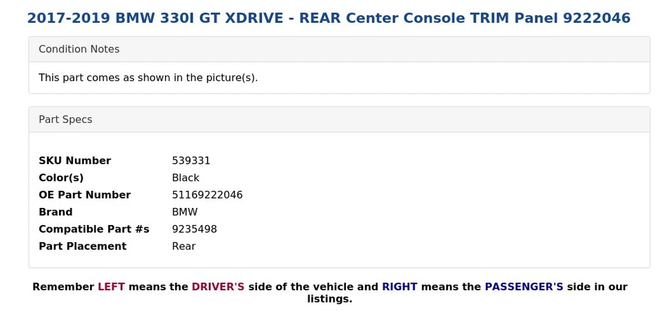 BMW 330I GT XDRIVE 2017-2019 - Consola central trasera panel de acabado 9222046 Foto 4 de 4