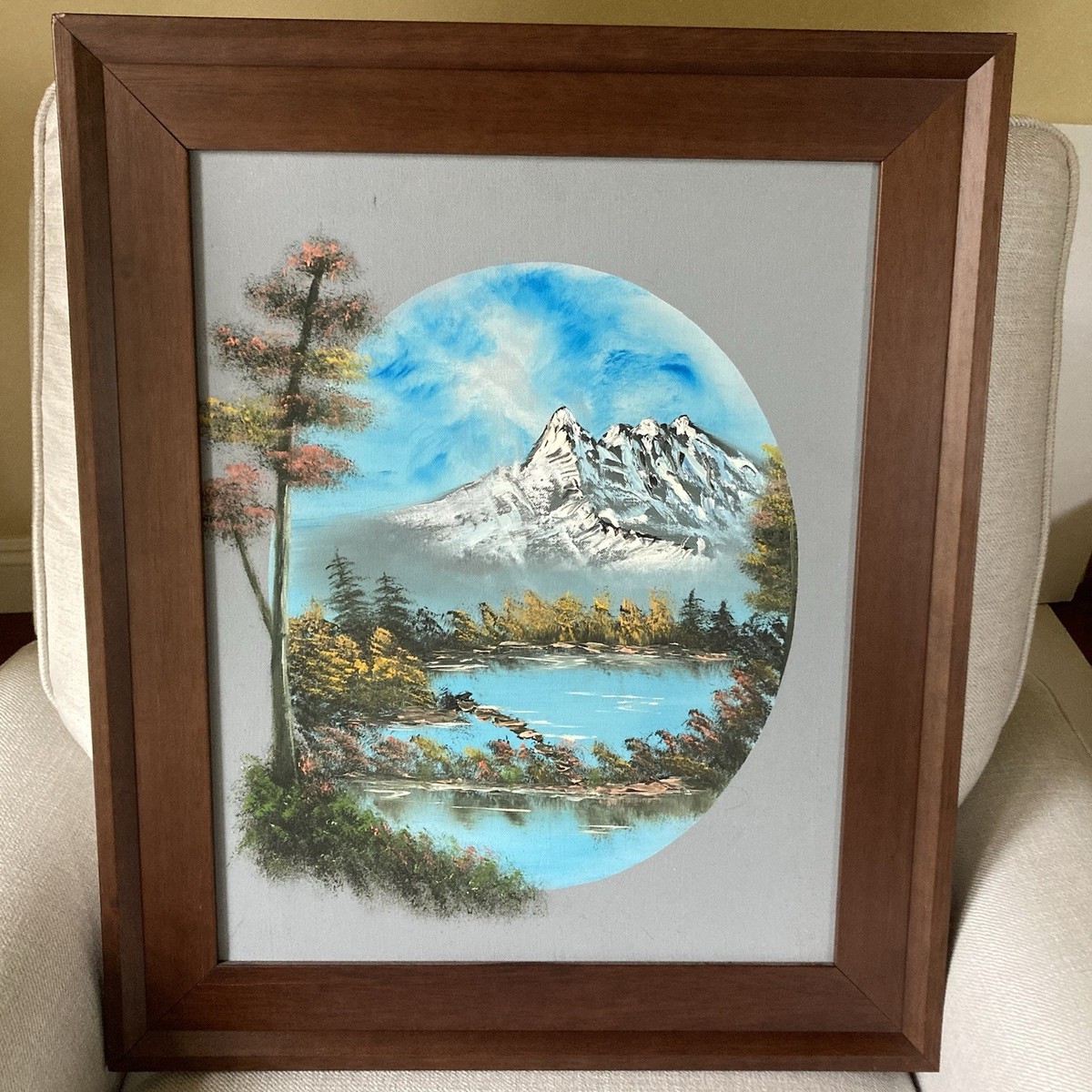 Vintage Oil Painting 21x25 Framed Oval Vignette Mountain Lake