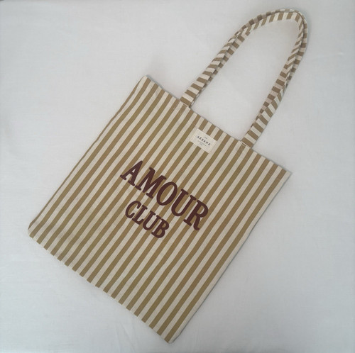 NEW Sezane Amour Club Striped Brown & White Canvas Tote Bag Velvet Detail