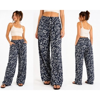 O'Neill Cameren Pant Women XS Navy  Paisley Floral Elastic Waist Boho Tapered