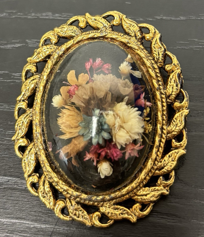 Vintage Gold Tone Floral Bouquet Brooch Oval Filigree Frame Domed Glass