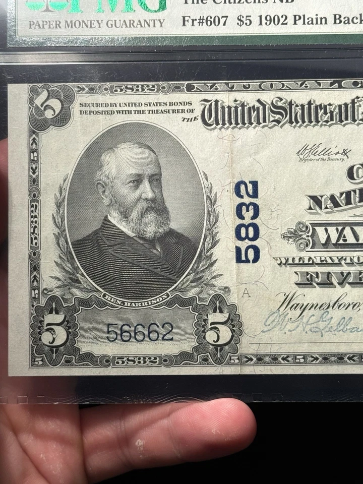 1902 $5 National Bank Note Waynesboro PA Plain Back Fr#607 PMG 35 EPQ - Image 3 of 4