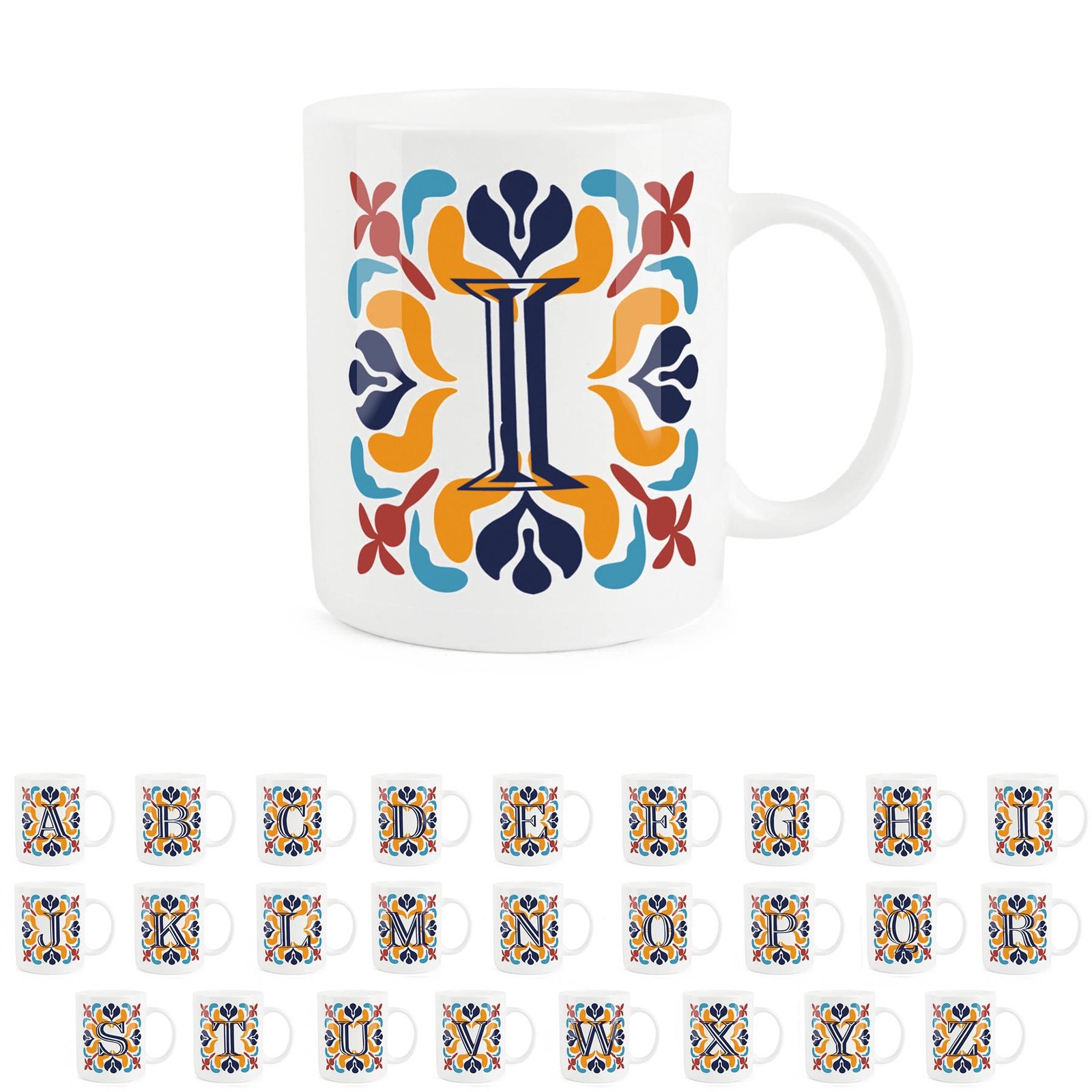 Moroccan Tile Letter I Mug - Red & Navy Bone China Alphabet Gift Mug