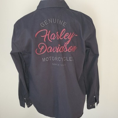 VTG V2K Harley Davidson Black Embroidered Red Logo Button up Shirt Women's sz L