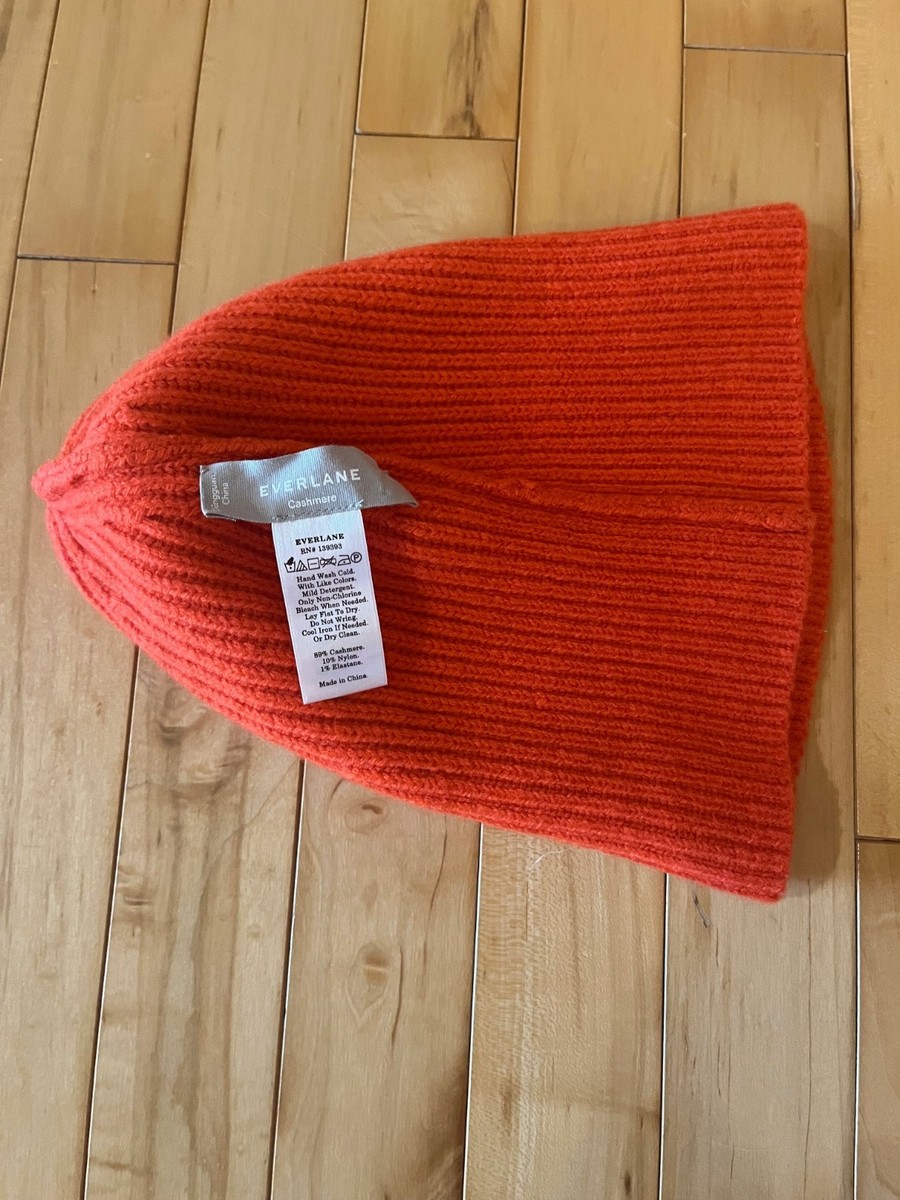 Everlane Unisex Cashmere Wool Beanie Ribbed Hat Orange One Size View 3