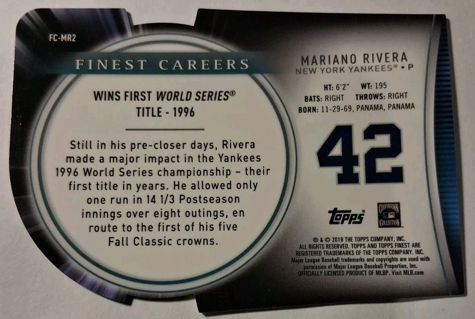 2019 MARIANO RIVERA TOPPS FINEST CAREERS #FC-MR2 DIE CUT YANKEES SANDMAN HOF - Image 2 of 2