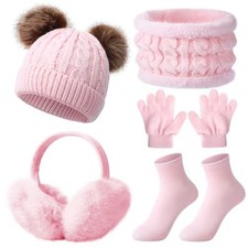 5 Pcs Kids Winter Beanie Hat Scarf Gloves Set Ear Muffs Socks Pompom Knit Warm