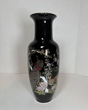 Peacock Vase Cherry Blossoms Ceramic Black Enamel Gold Accents Signed Japan 11”