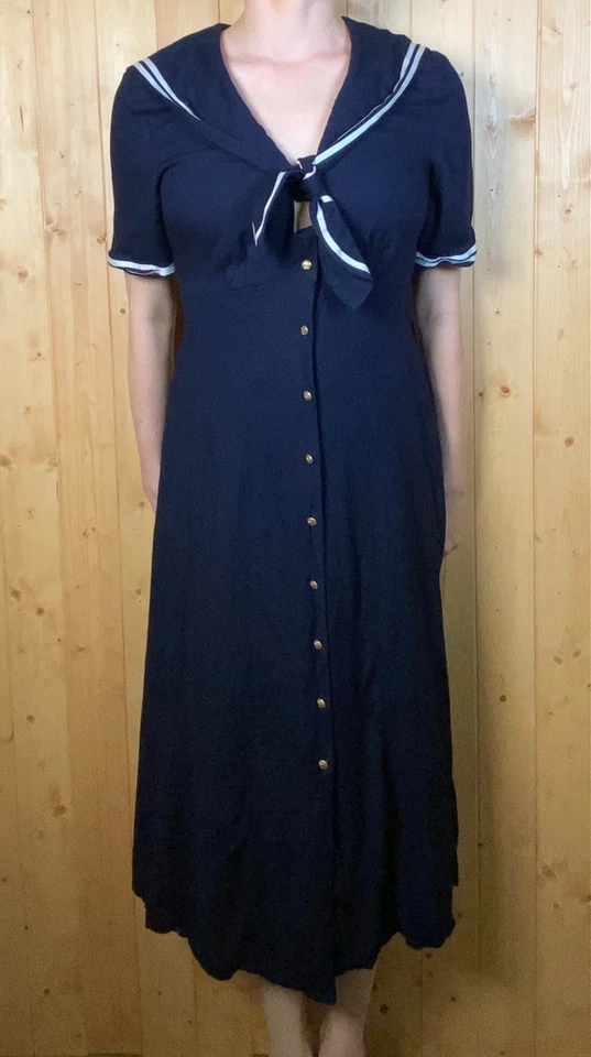 Vestido Marinero MHM Años 80 De Colección Azul Marino Blanco Náutico Atado Botones Midi Talla L Foto 2 de 4