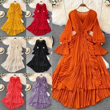 Damen Langes Swing Kleid Plissee Rüschen V-Ausschnitt Ausgestellte Ärmel Hohe Taille Strand