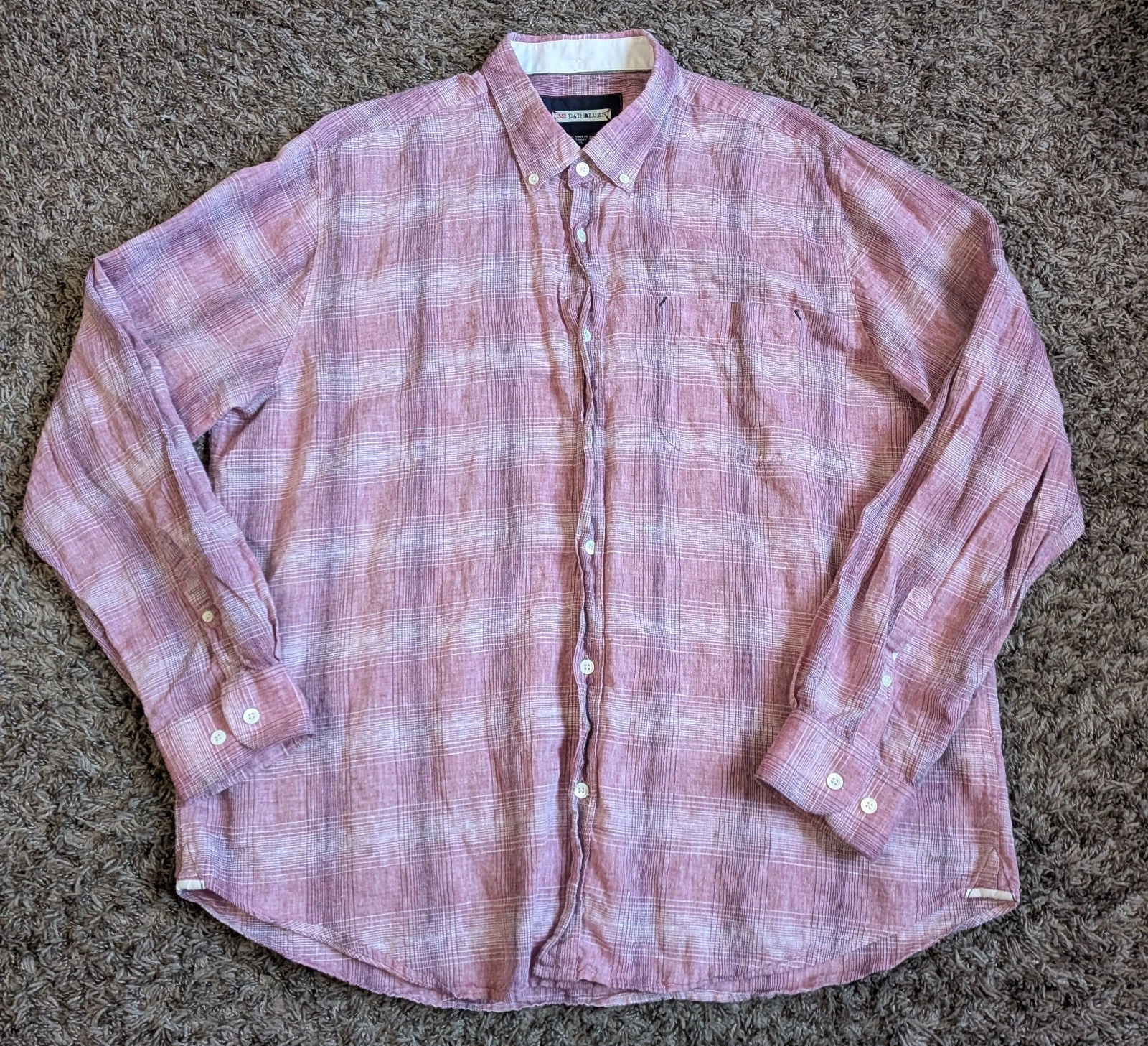 32 Bar Blues Soft Red Plaid Linen Cotton Long Sleeve Button Shirt XL
