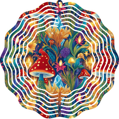 3D Wind Spinner Mushroom 10'' Metal Colorful Floral Hanging Outdoor Garden Decor